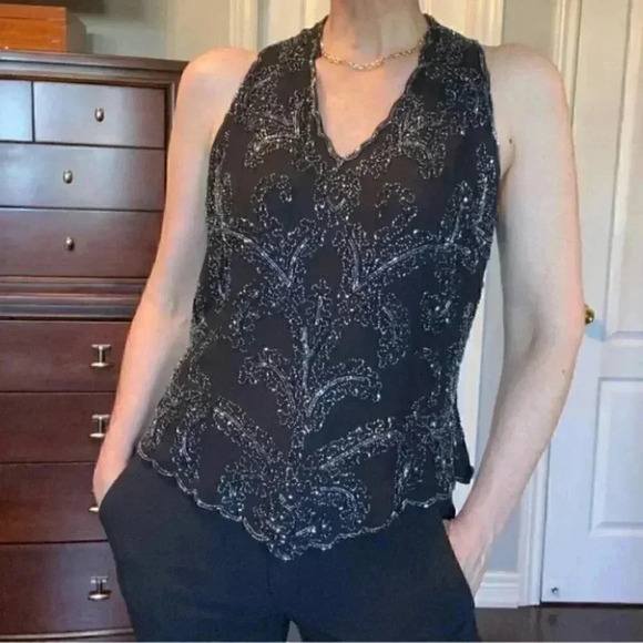 JMD New  York Black Beaded Sleeveless Halter Dressy Top V Neckline Medium - Picture 4 of 16